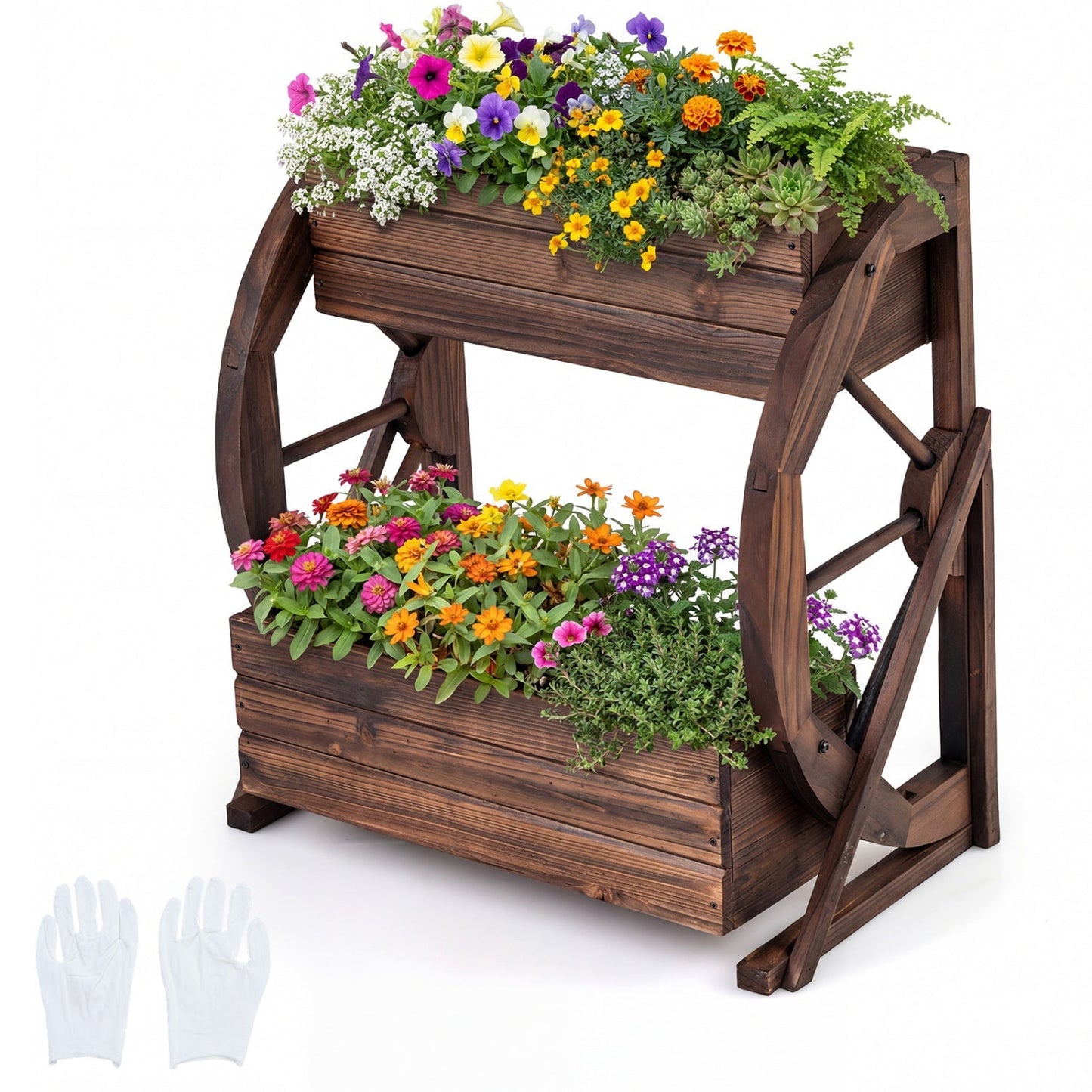 2-tier Raised Garden Bed Rustic Wood Wagon Planter with Drainage Holes and Semi-wheels-Coffee
