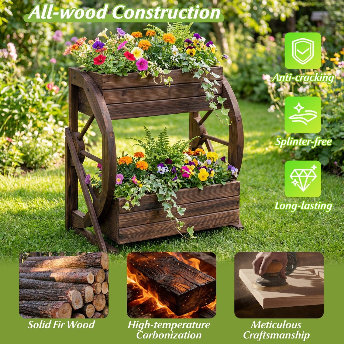 2-tier Raised Garden Bed Rustic Wood Wagon Planter with Drainage Holes and Semi-wheels-Coffee