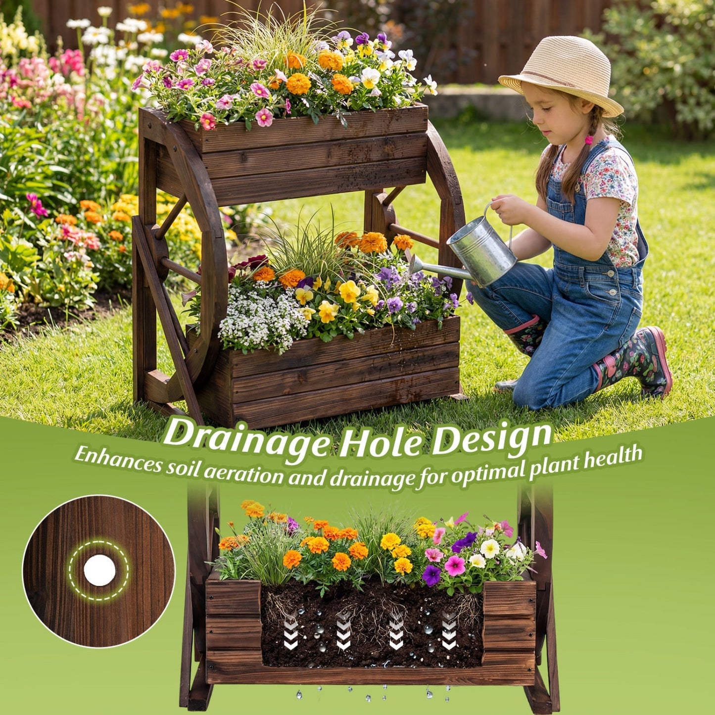 2-tier Raised Garden Bed Rustic Wood Wagon Planter with Drainage Holes and Semi-wheels-Coffee