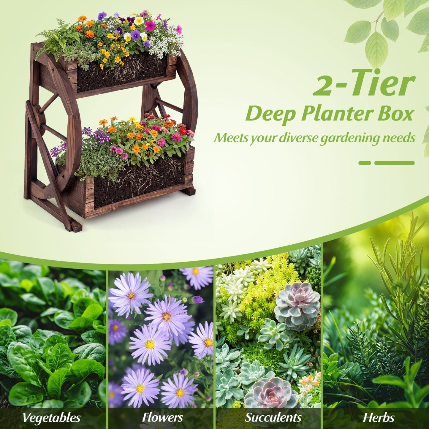 2-tier Raised Garden Bed Rustic Wood Wagon Planter with Drainage Holes and Semi-wheels-Coffee