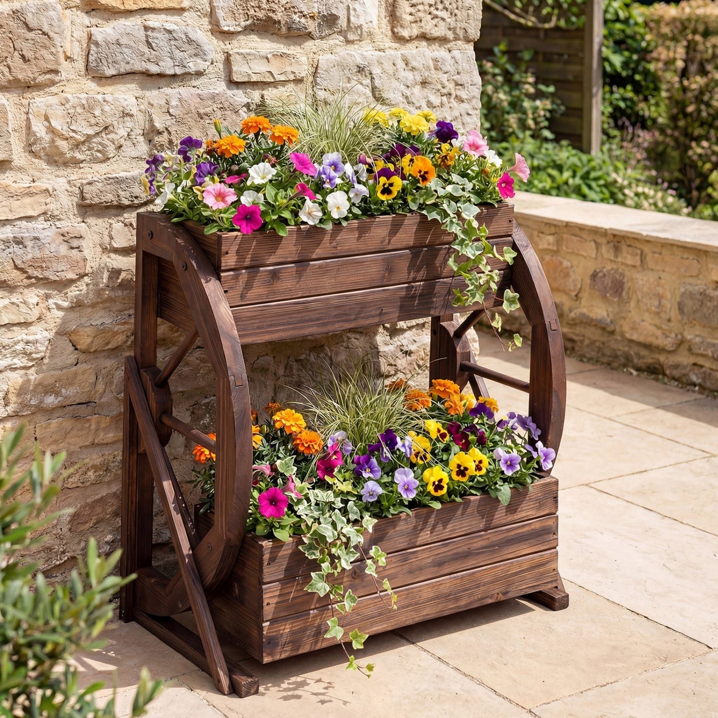 2-tier Raised Garden Bed Rustic Wood Wagon Planter with Drainage Holes and Semi-wheels-Coffee