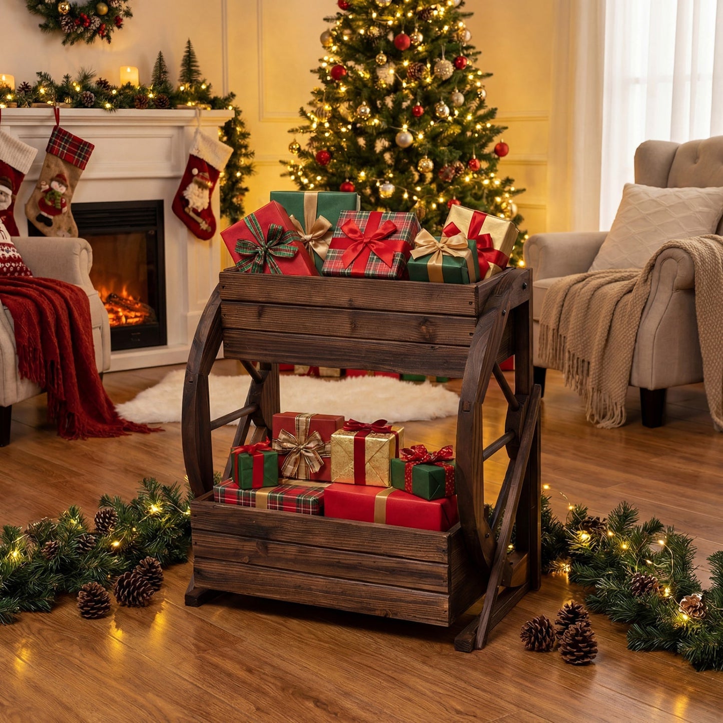 2-tier Raised Garden Bed Rustic Wood Wagon Planter with Drainage Holes and Semi-wheels-Coffee