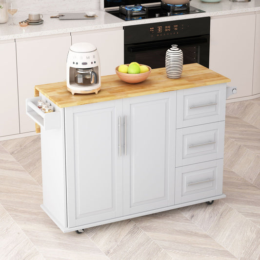 Kitchen Island Cart With 2 Door Cabinet, 3 Drawers, Spice Rack & Towel Rack - White