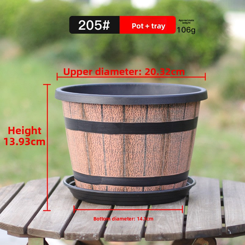Retro Imitation Wooden Barrel Plastic Flower Pot