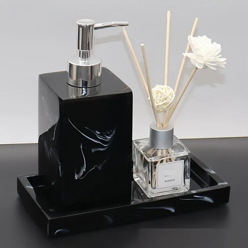 2pcs Bathroom Accessory Set, Marble Look, 500ml Soap Dispenser With Matching Tray, Elegant Countertop Decor