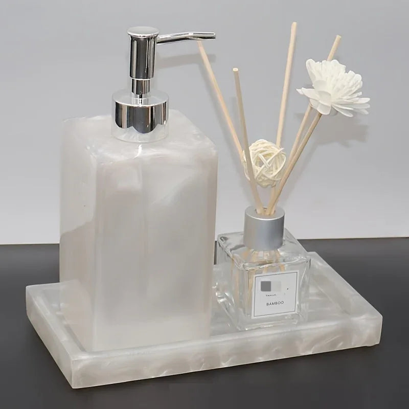 2pcs Bathroom Accessory Set, Marble Look, 500ml Soap Dispenser With Matching Tray, Elegant Countertop Decor