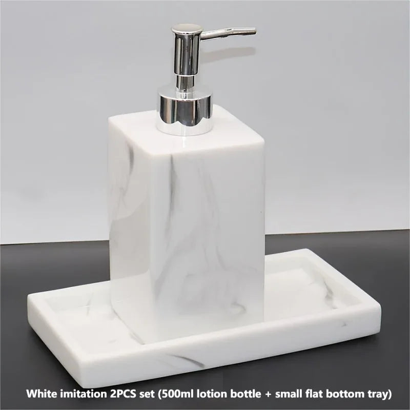 2pcs Bathroom Accessory Set, Marble Look, 500ml Soap Dispenser With Matching Tray, Elegant Countertop Decor