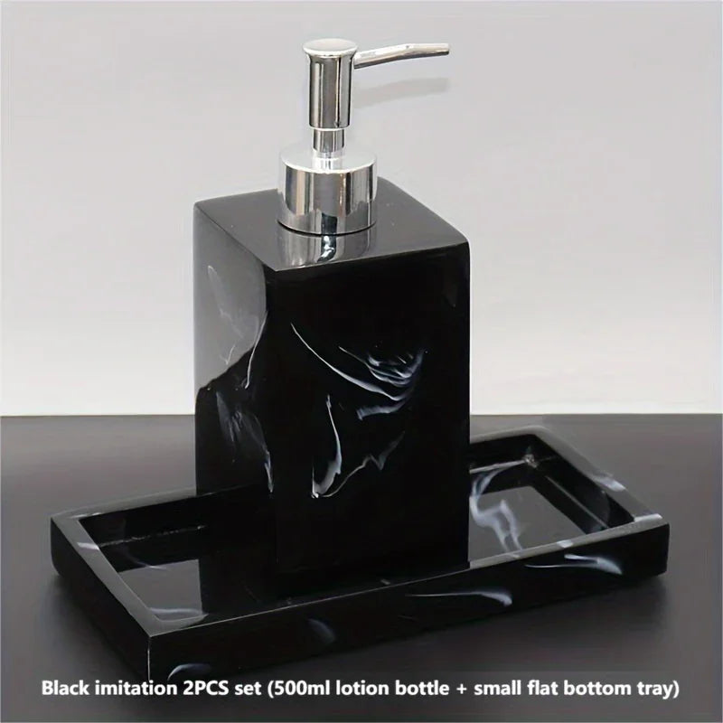 2pcs Bathroom Accessory Set, Marble Look, 500ml Soap Dispenser With Matching Tray, Elegant Countertop Decor