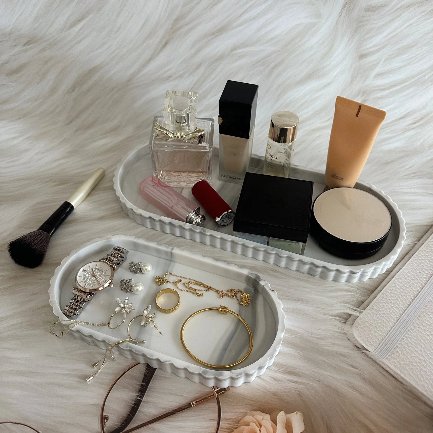 2pcs Bathroom Vanity Tray, 19.81cm And 29.97cm Marble Pattern Bathroom Trays For Counter, Perfume Key Trinket Ring Tray, Countertop Vanity Tray For Kitchen