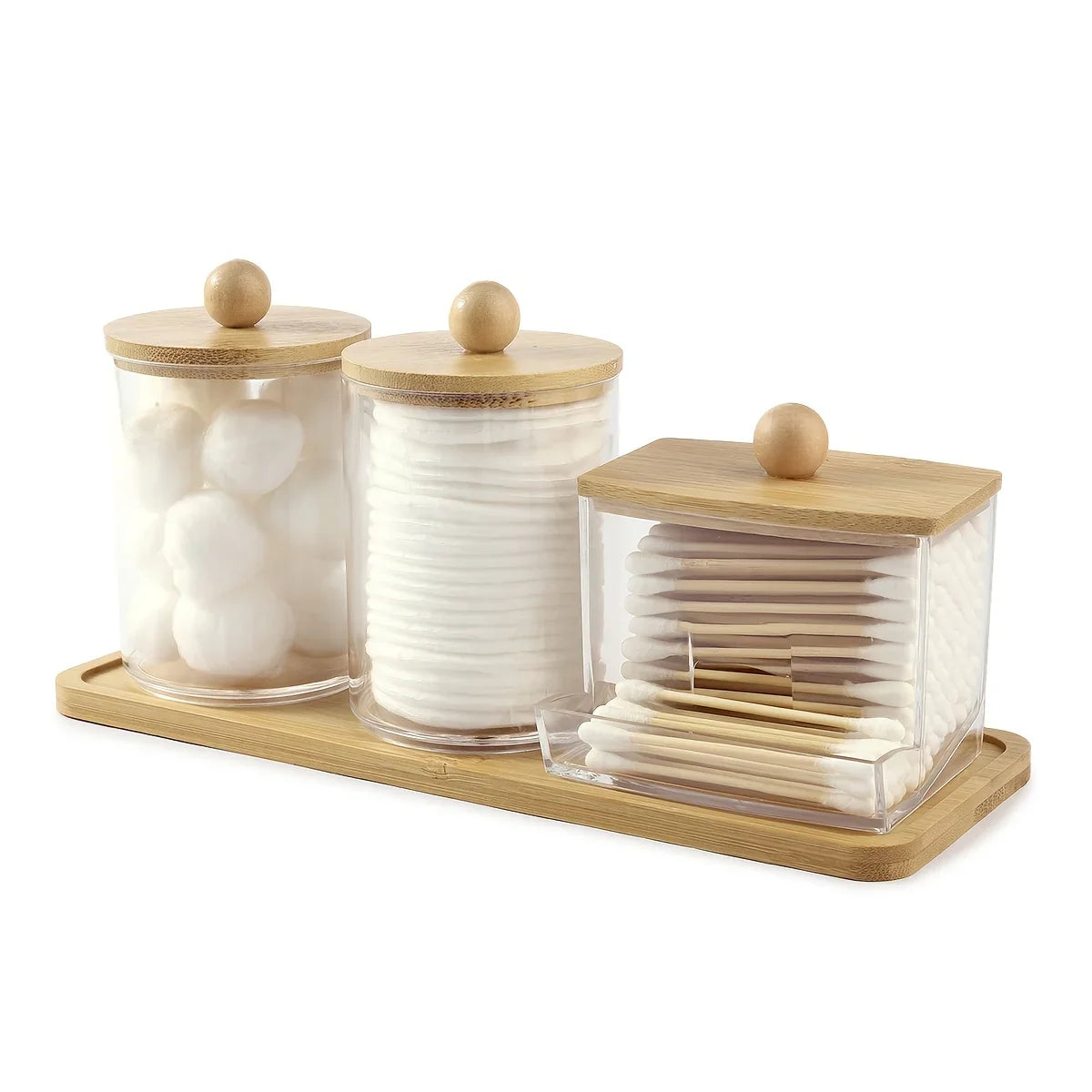 3-Pack Clear Acrylic Apothecary Jars with Bamboo Lids - Refillable Bathroom Organizers for Balls, Swabs, and Floss Picks - Flip-Top Dispensers with Tray