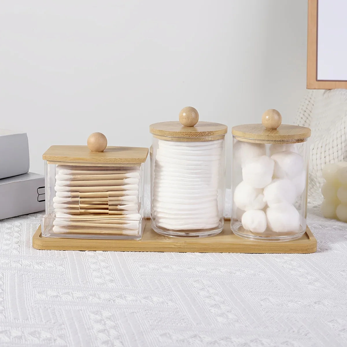 3-Pack Clear Acrylic Apothecary Jars with Bamboo Lids - Refillable Bathroom Organizers for Balls, Swabs, and Floss Picks - Flip-Top Dispensers with Tray