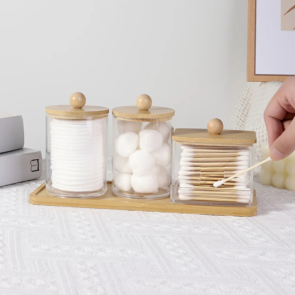 3-Pack Clear Acrylic Apothecary Jars with Bamboo Lids - Refillable Bathroom Organizers for Balls, Swabs, and Floss Picks - Flip-Top Dispensers with Tray