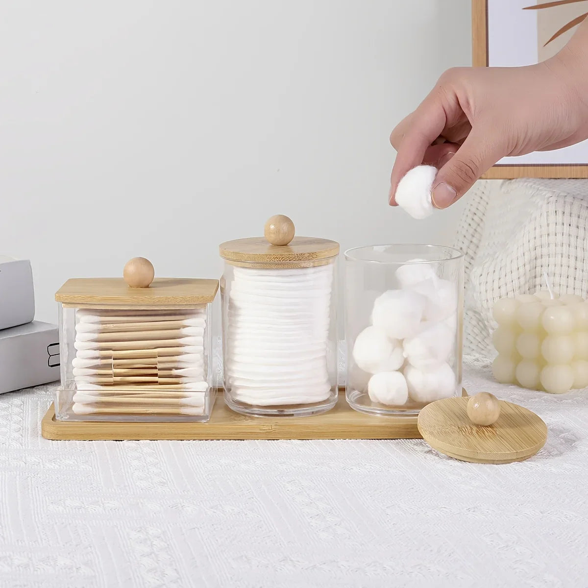 3-Pack Clear Acrylic Apothecary Jars with Bamboo Lids - Refillable Bathroom Organizers for Balls, Swabs, and Floss Picks - Flip-Top Dispensers with Tray