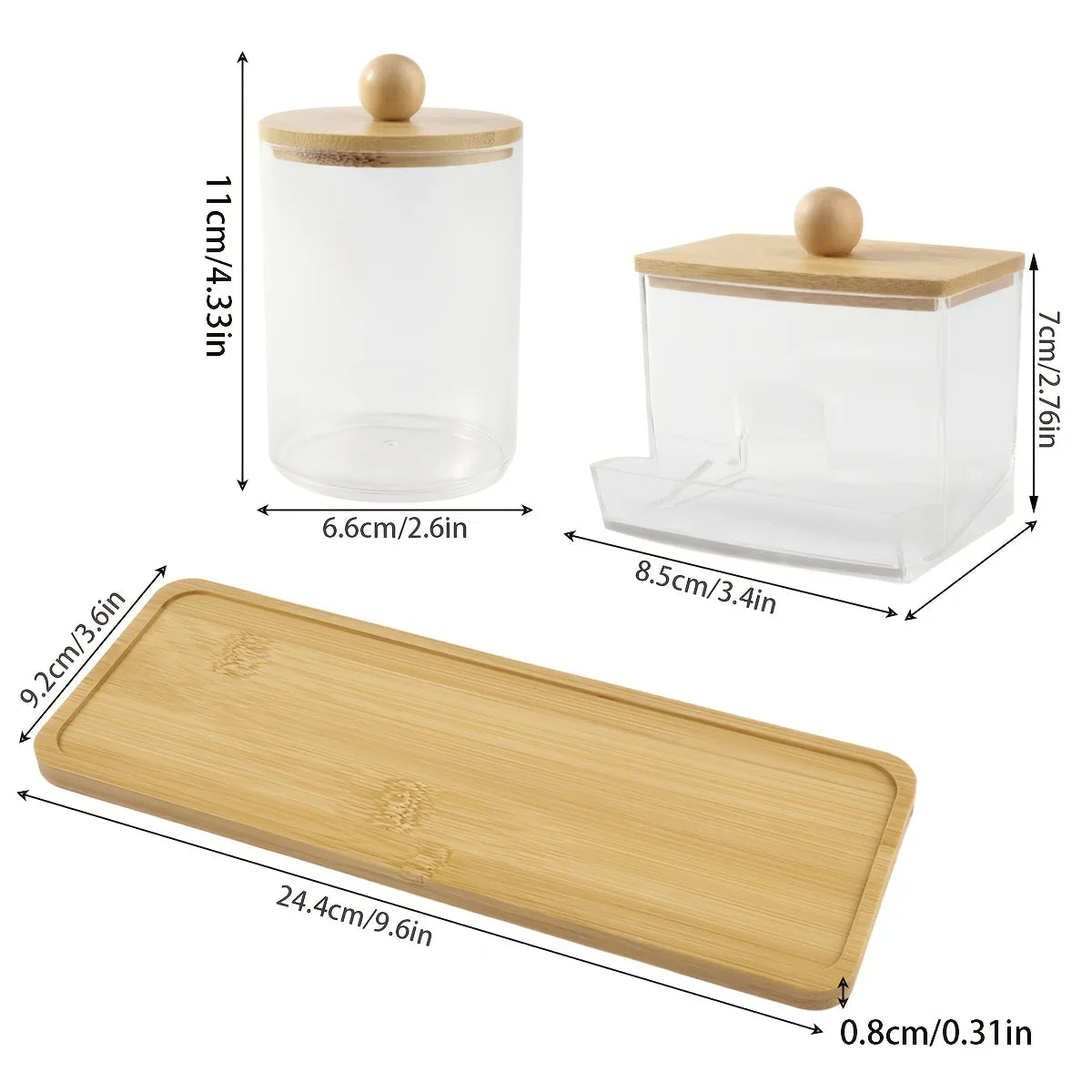 3-Pack Clear Acrylic Apothecary Jars with Bamboo Lids - Refillable Bathroom Organizers for Balls, Swabs, and Floss Picks - Flip-Top Dispensers with Tray