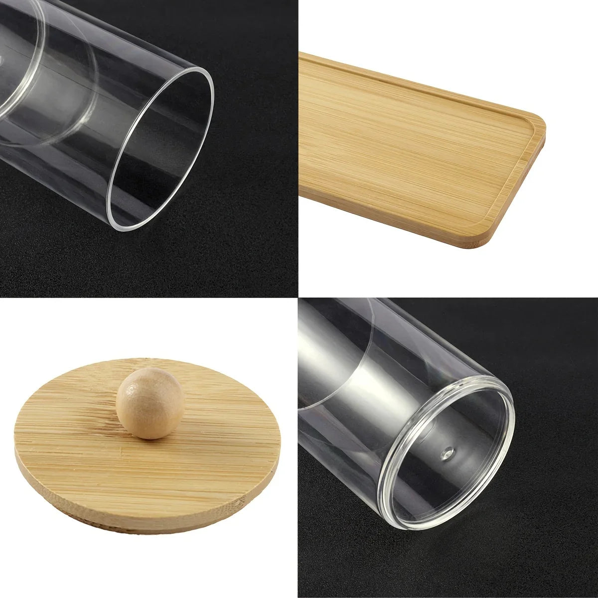 3-Pack Clear Acrylic Apothecary Jars with Bamboo Lids - Refillable Bathroom Organizers for Balls, Swabs, and Floss Picks - Flip-Top Dispensers with Tray