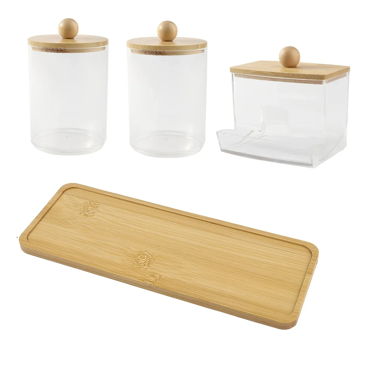 3-Pack Clear Acrylic Apothecary Jars with Bamboo Lids - Refillable Bathroom Organizers for Balls, Swabs, and Floss Picks - Flip-Top Dispensers with Tray