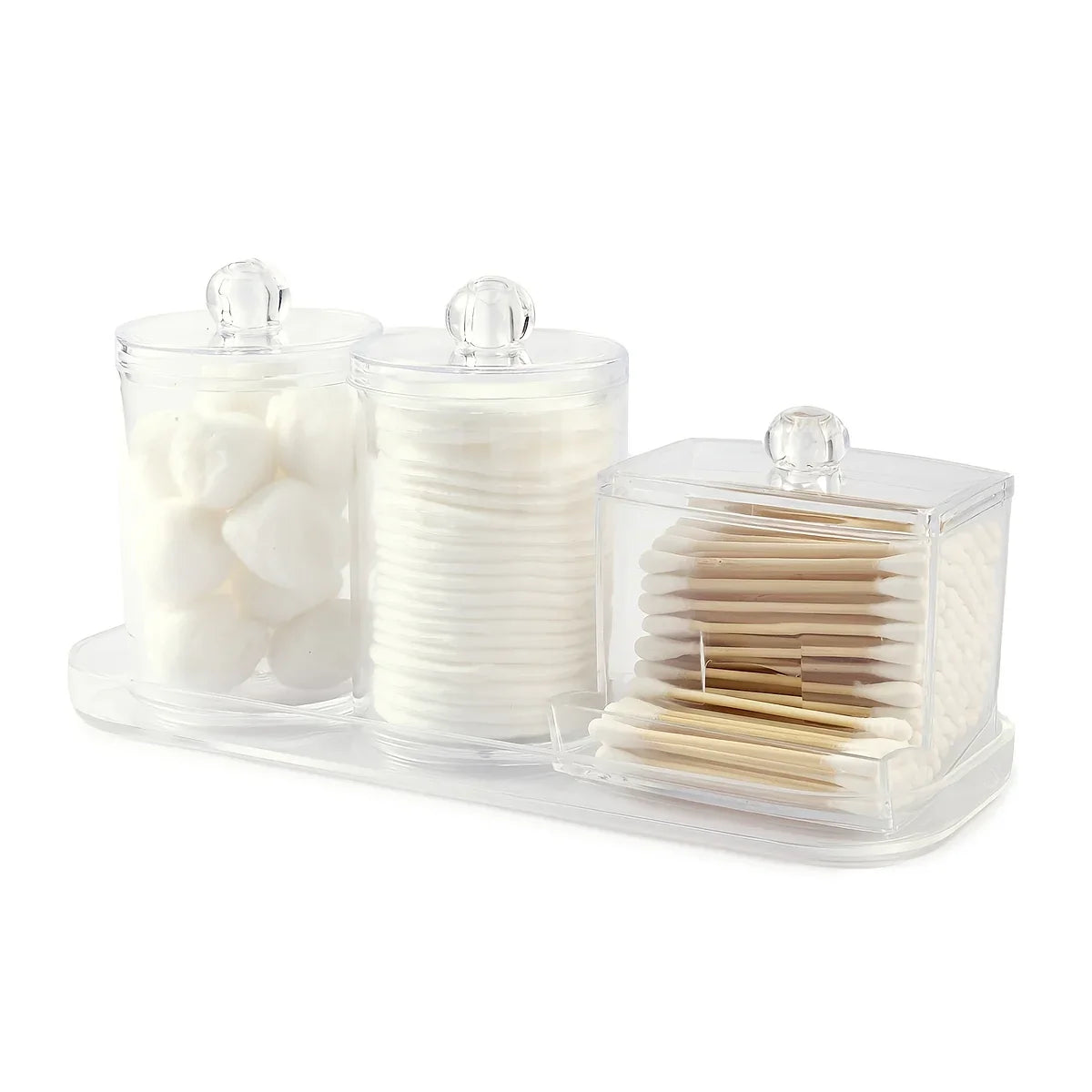 3-Pack Clear Acrylic Apothecary Jars with Bamboo Lids - Refillable Bathroom Organizers for Balls, Swabs, and Floss Picks - Flip-Top Dispensers with Tray
