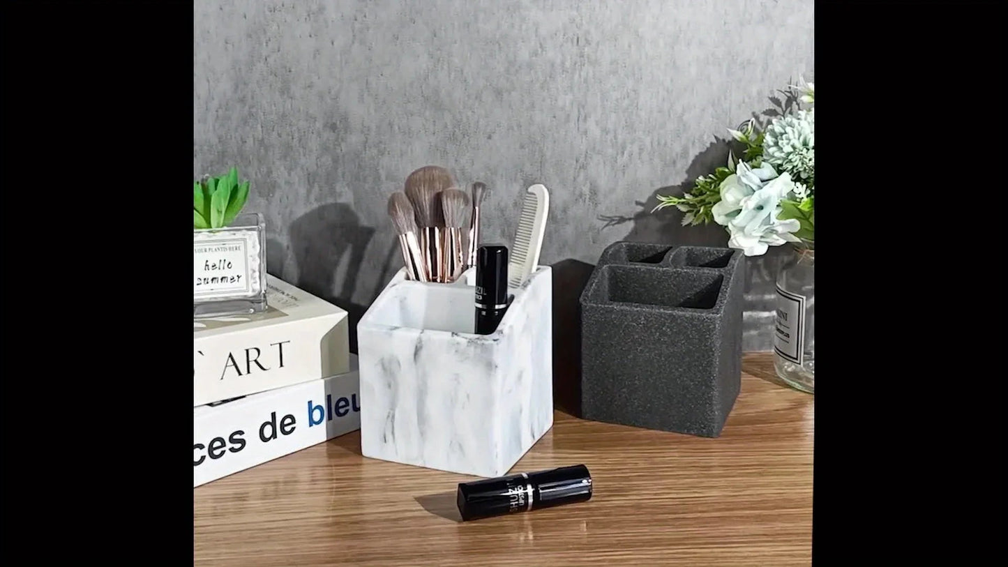 3-Slot Toothbrush Holder with Drain Hole - Durable Resin Bathroom Organizer for Toothpaste & Toothbrushes, Freestanding Vanity Stand for Shower, Countertop, Office - Space-Saving Makeup Brush & Stationery Storage, Toothbrush