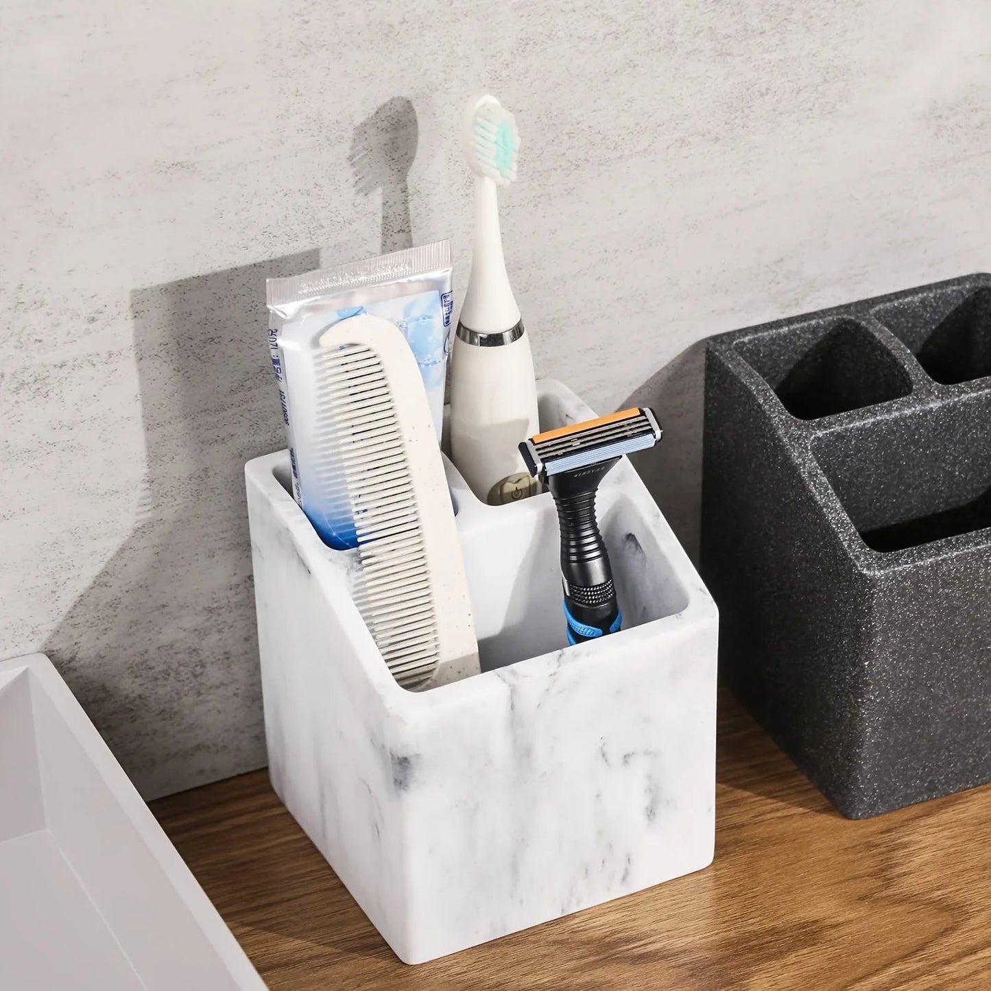 3-Slot Toothbrush Holder with Drain Hole - Durable Resin Bathroom Organizer for Toothpaste & Toothbrushes, Freestanding Vanity Stand for Shower, Countertop, Office - Space-Saving Makeup Brush & Stationery Storage, Toothbrush