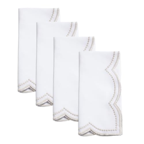 Fennco Styles Embroidered Polka Dot Scallop Border Cloth Napkins 20" W x 20" L, Set of 4 - Silver Elegant Dinner Napkins for Everyday Use, Holidays, Christmas, and Weddings
