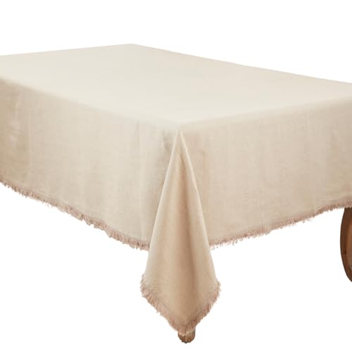 Fennco Styles Stonewashed Fringe Design 100% Linen Tablecloth - Ivory Table Cover for Holidays, Dining Table, Everyday Use, Banquets and Special Occasion