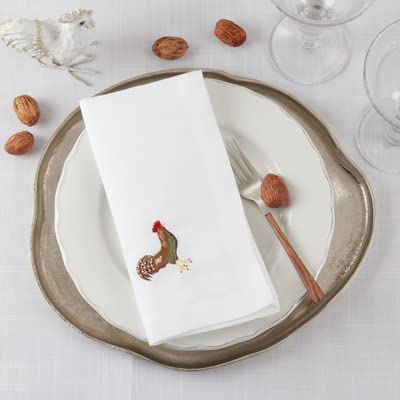 Fennco Styles Country Embroidered Pheasant Cloth Napkins 20" W x 20" L, Set of 4 - White Elegant Dinner Napkins for Dining Table, Family Gatherings, Banquets & Home Décor