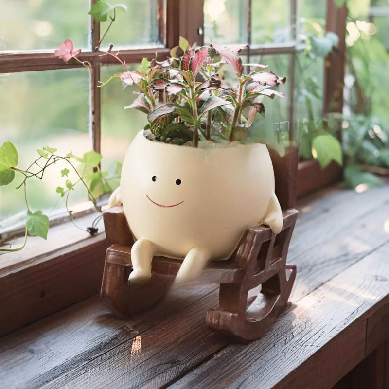 Smiley Face Rocking Chair Resin Flower Pot Ornament