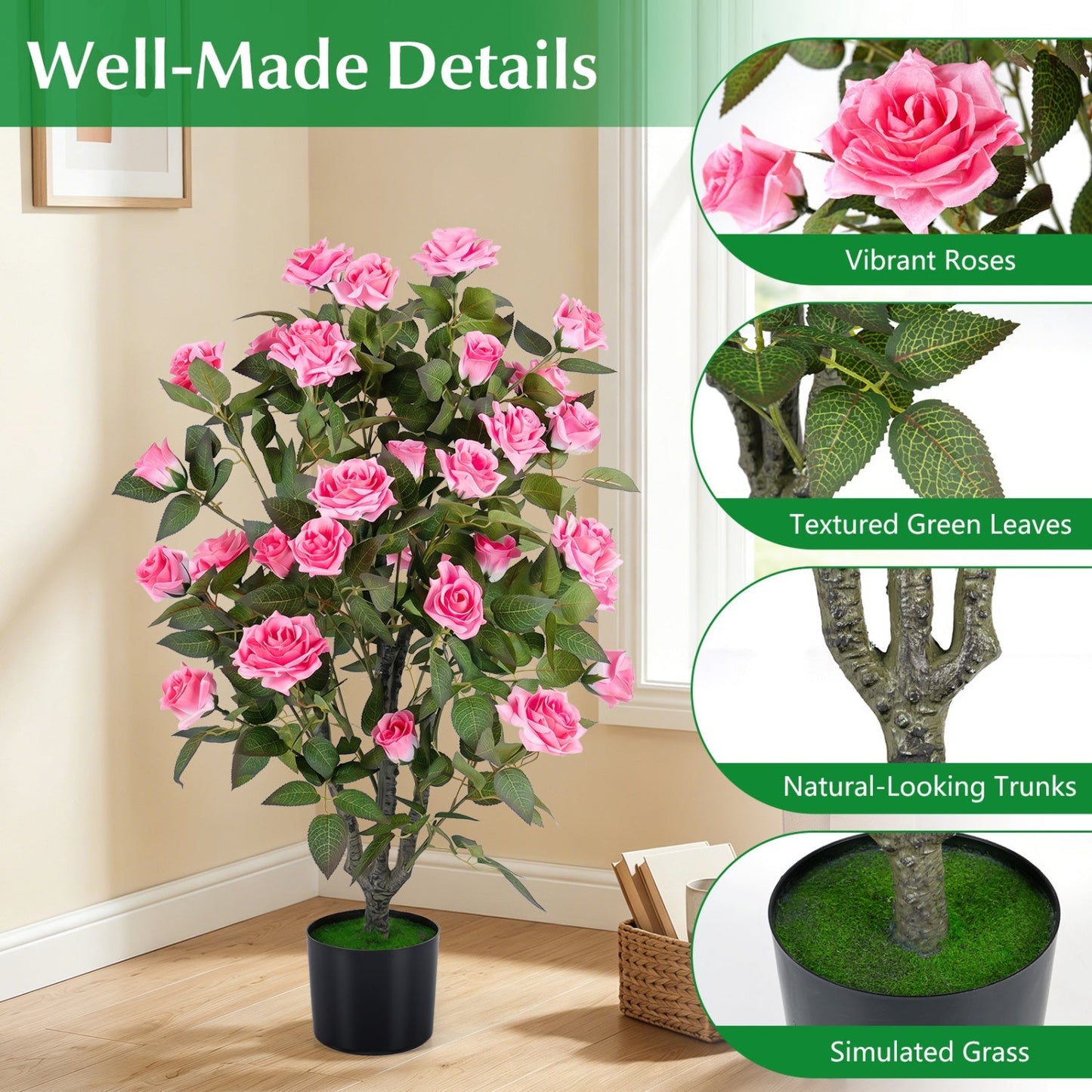 35.5" Artificial Rose Tree with Blooming Flowers in Pot