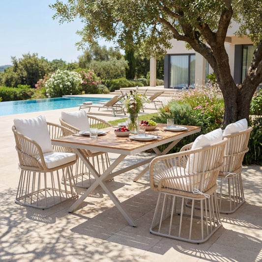 Outdoor 5-Piece Dining Set - Rectangular Teak Wood Table + 4 Wicker Chairs