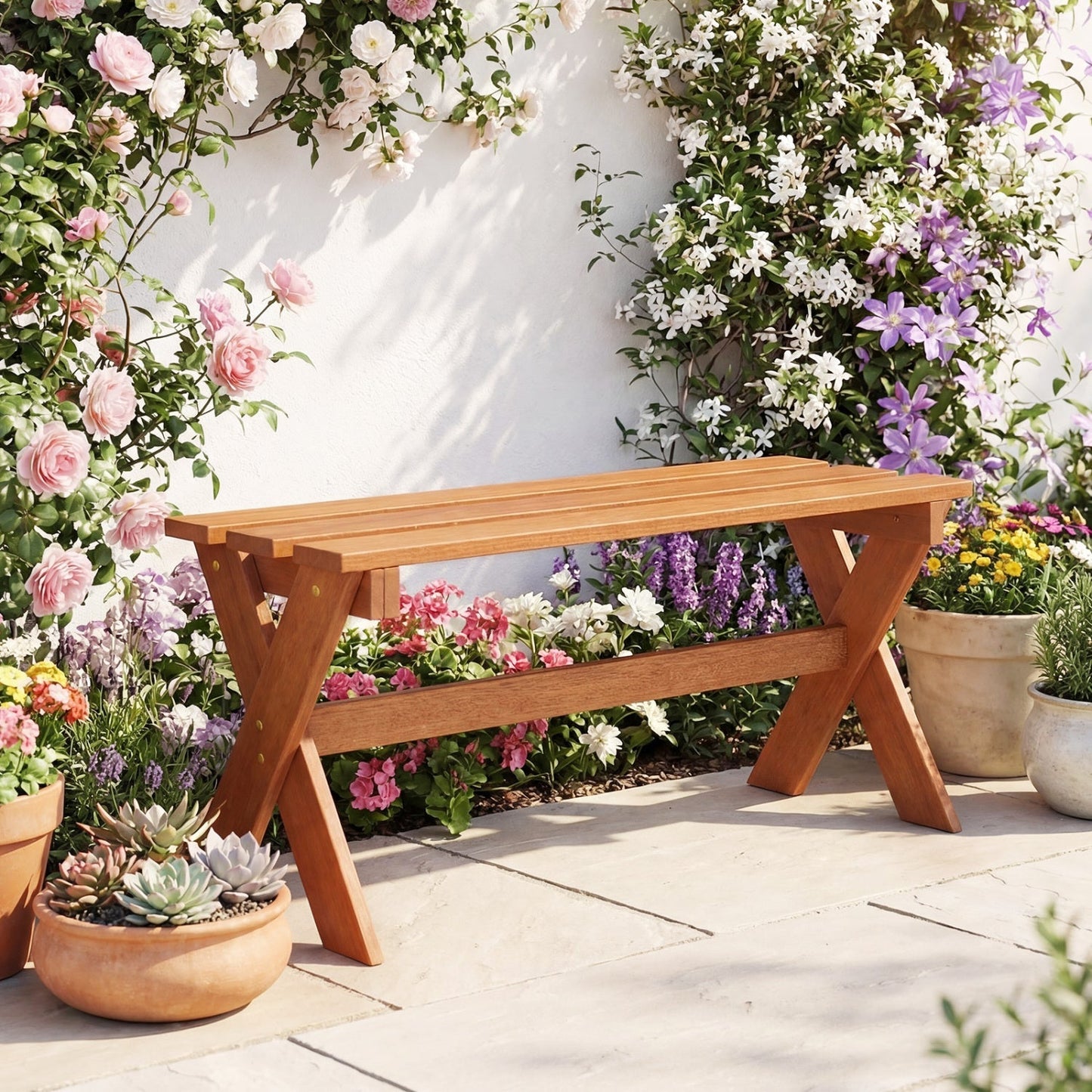 Outdoor Wood Bench Set of 2 - 36 Inch Backless Patio Seating