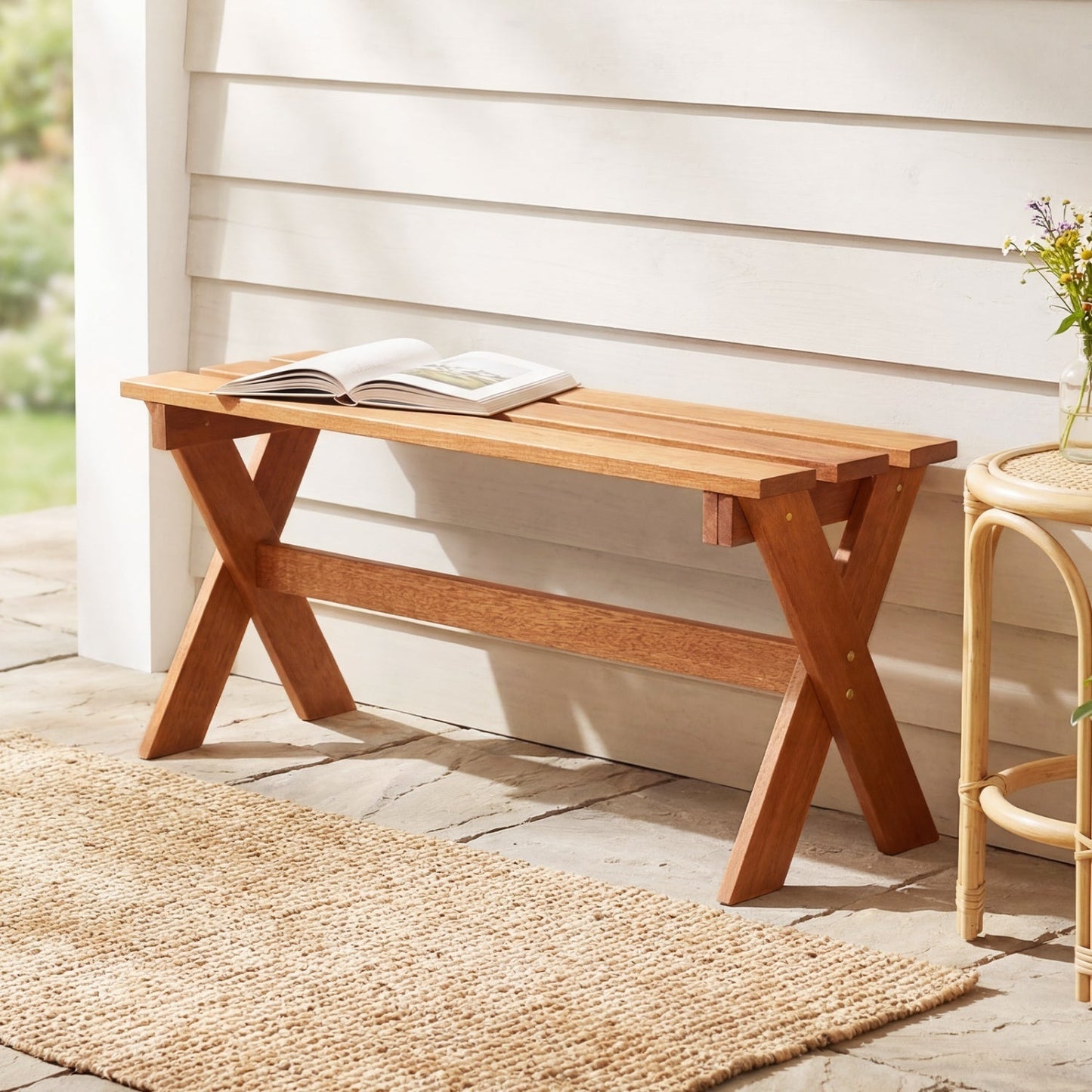 Outdoor Wood Bench Set of 2 - 36 Inch Backless Patio Seating