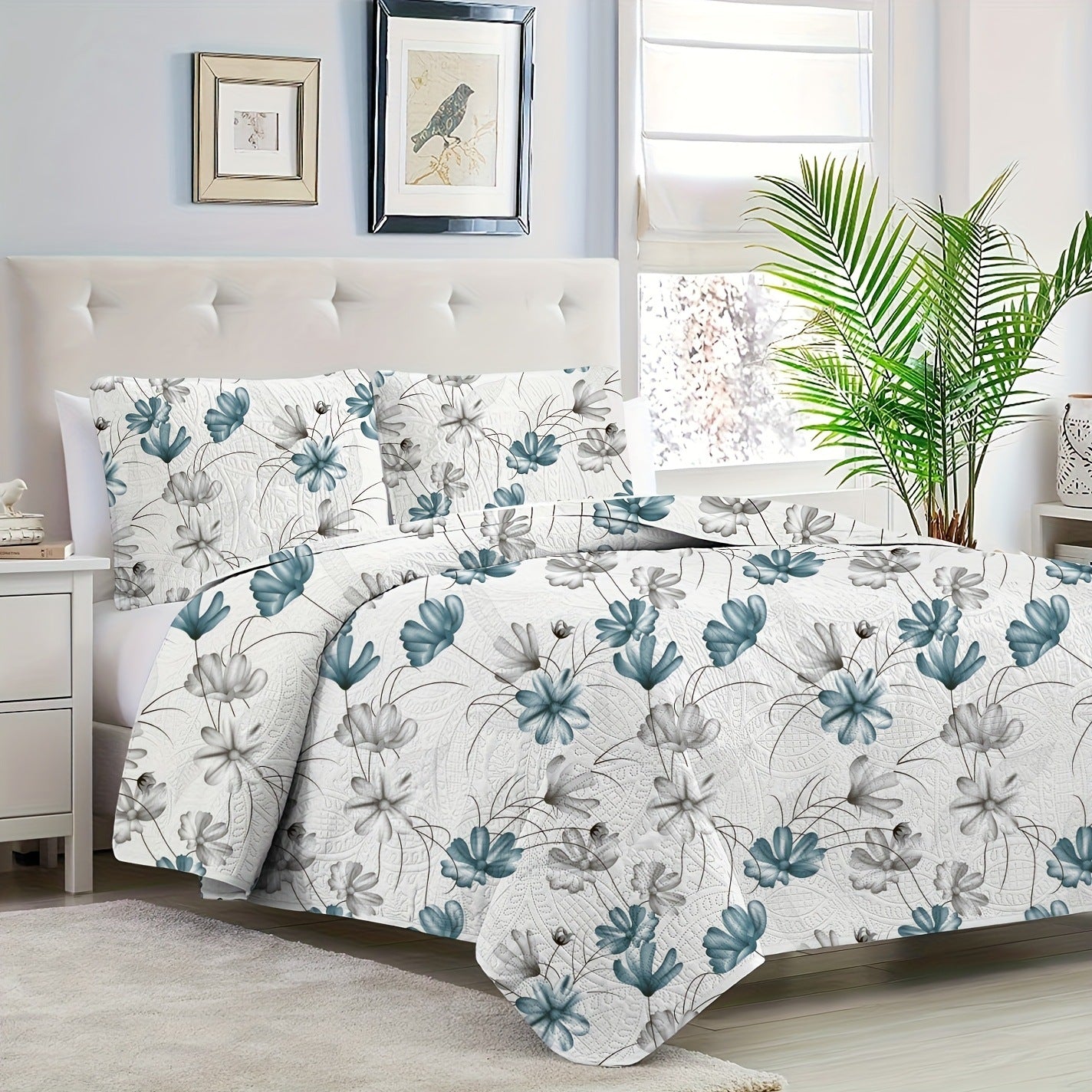 Plum Blossom White Quilt Set King Size Reversible