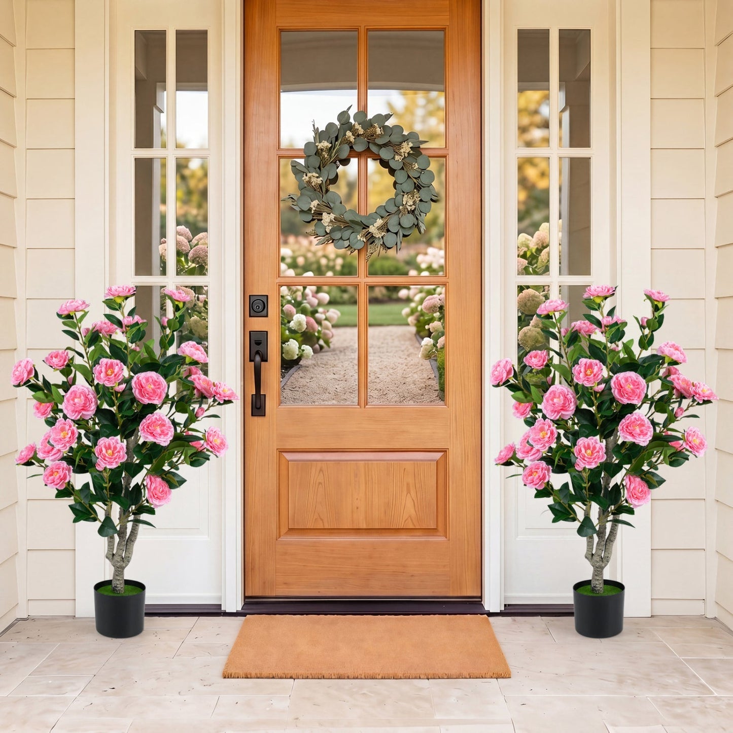 Artificial Camellia Tree 39.5" with Cement Pot