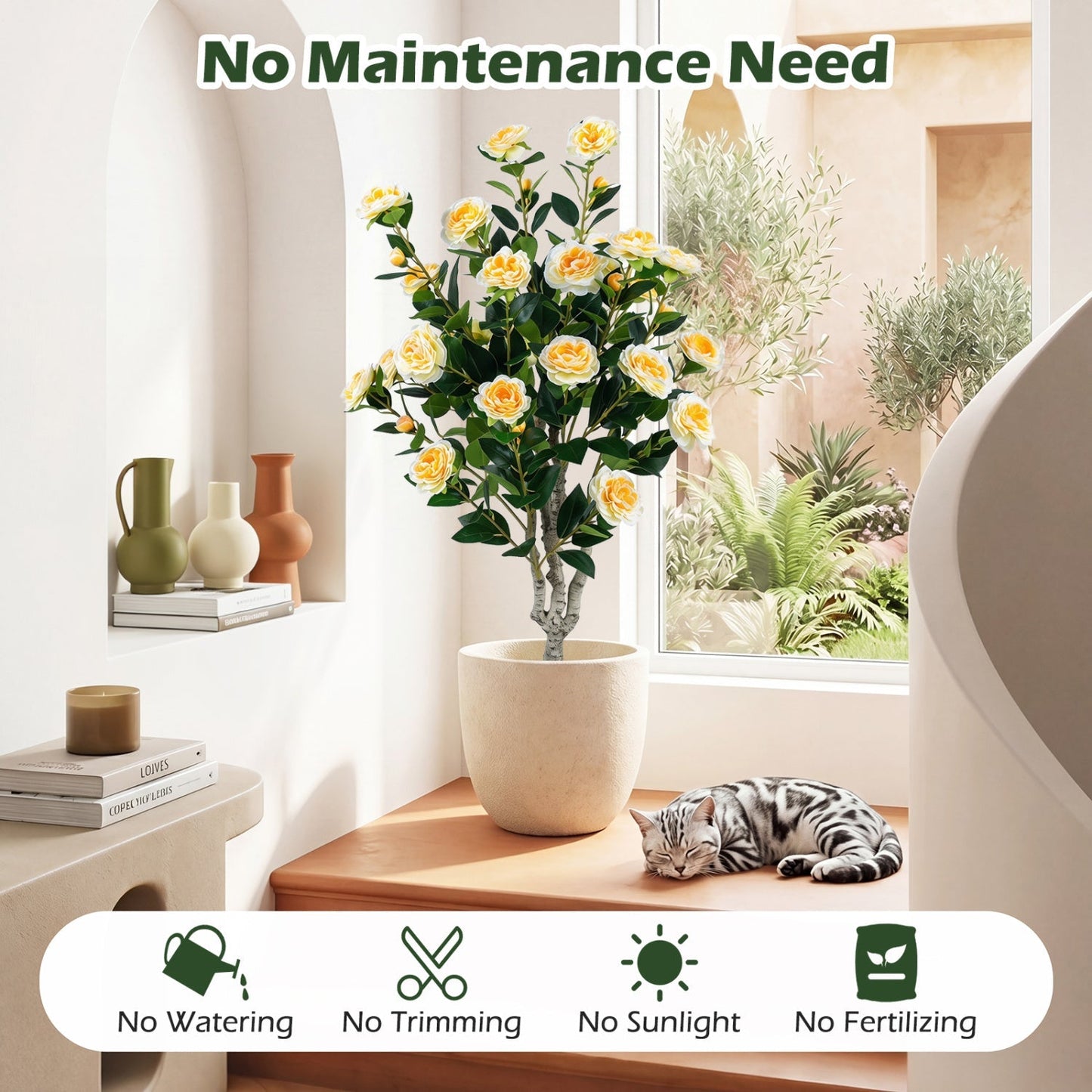 Artificial Camellia Tree 39.5" with Cement Pot
