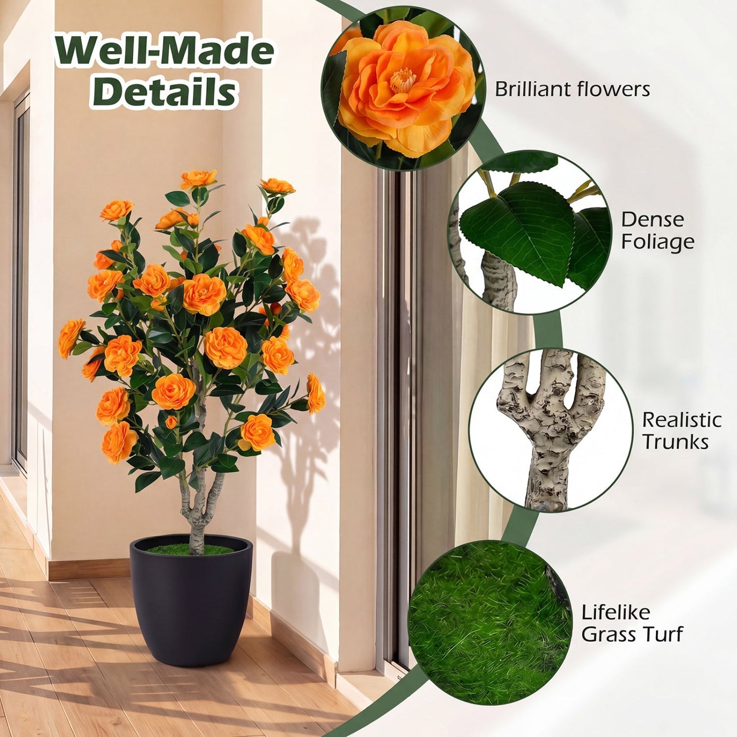 Artificial Camellia Tree 39.5" with Cement Pot