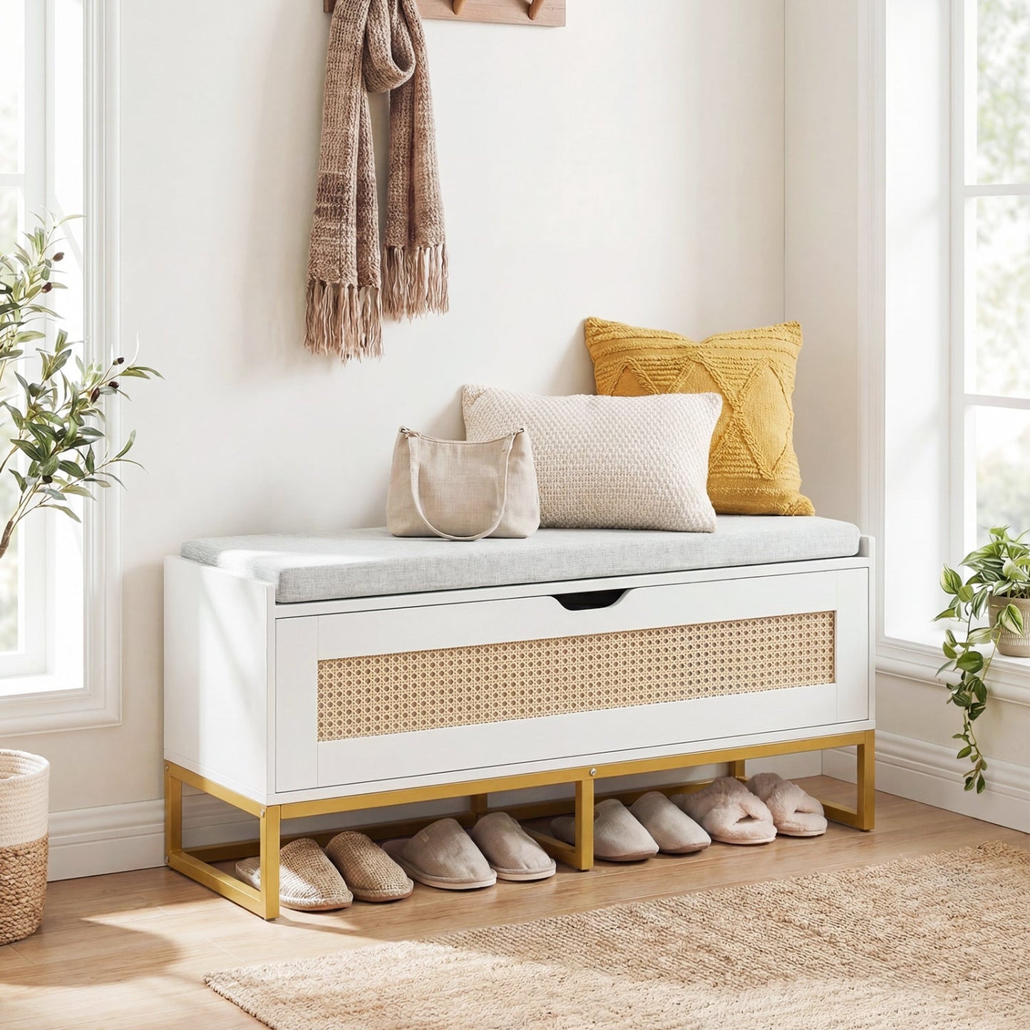 39.5" Rattan Storage Chest Wicker Shoe Bench with Padded Seat Flip-Top