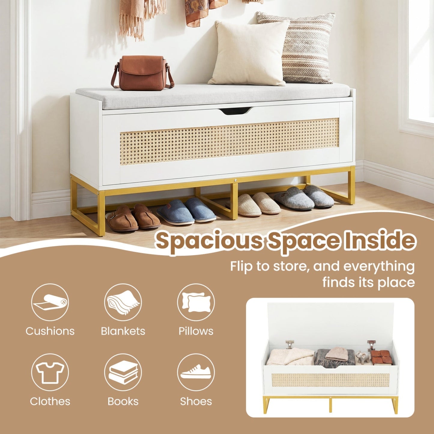 39.5" Rattan Storage Chest Wicker Shoe Bench with Padded Seat Flip-Top