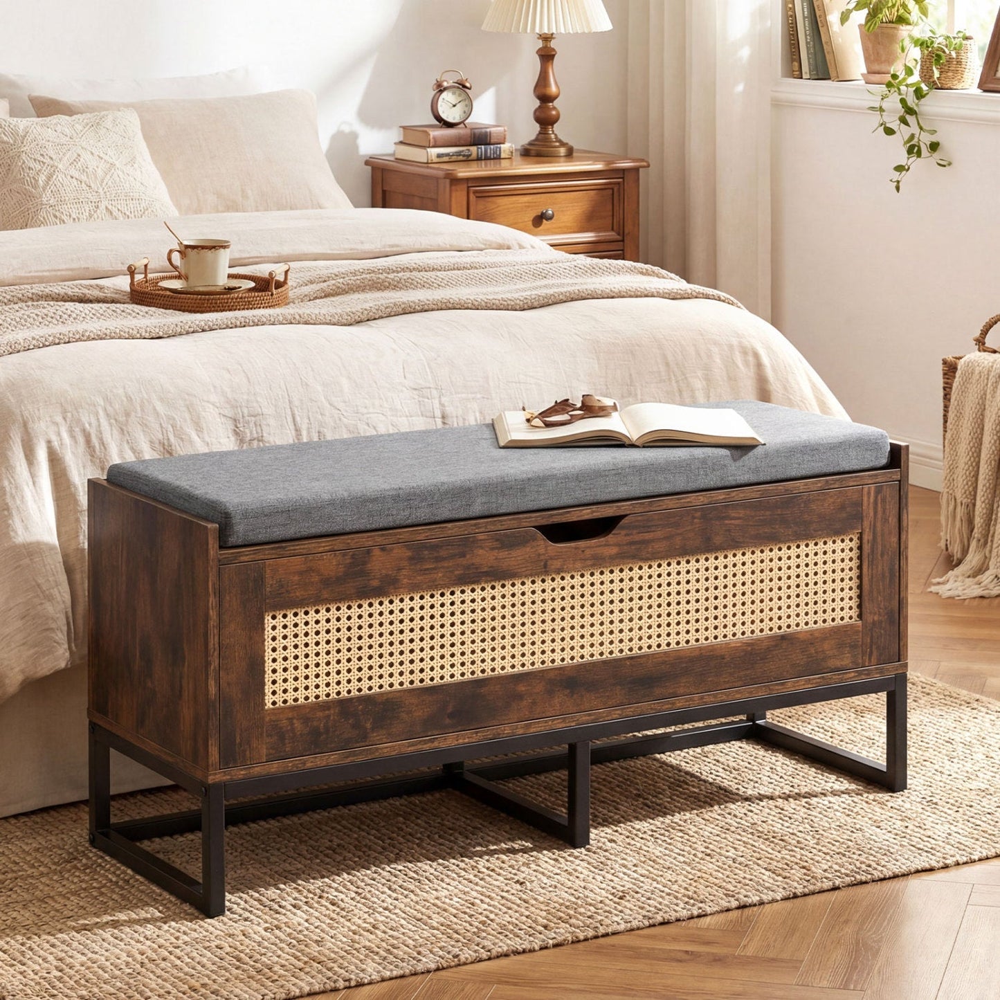 39.5" Rattan Storage Chest Wicker Shoe Bench with Padded Seat Flip-Top