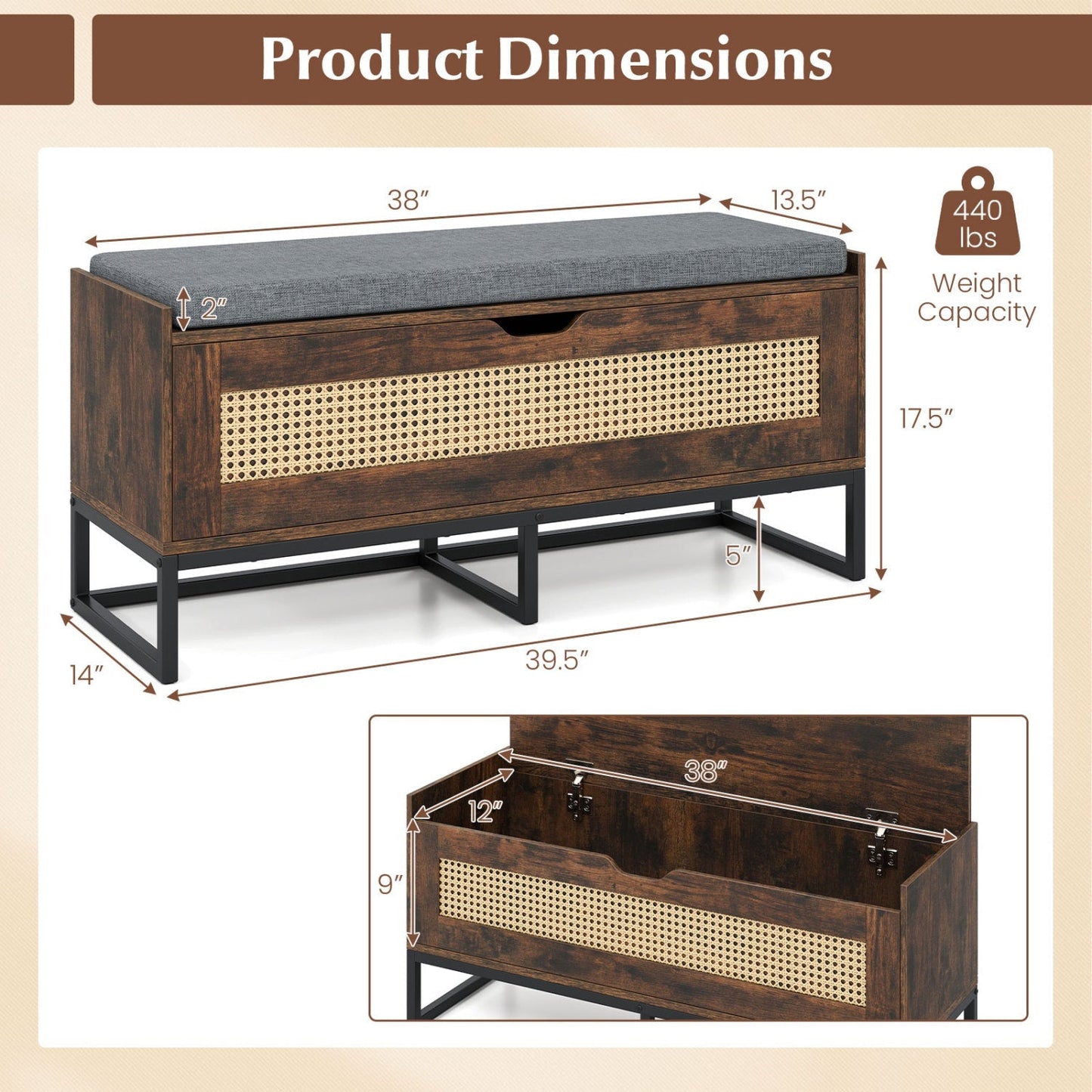 39.5" Rattan Storage Chest Wicker Shoe Bench with Padded Seat Flip-Top