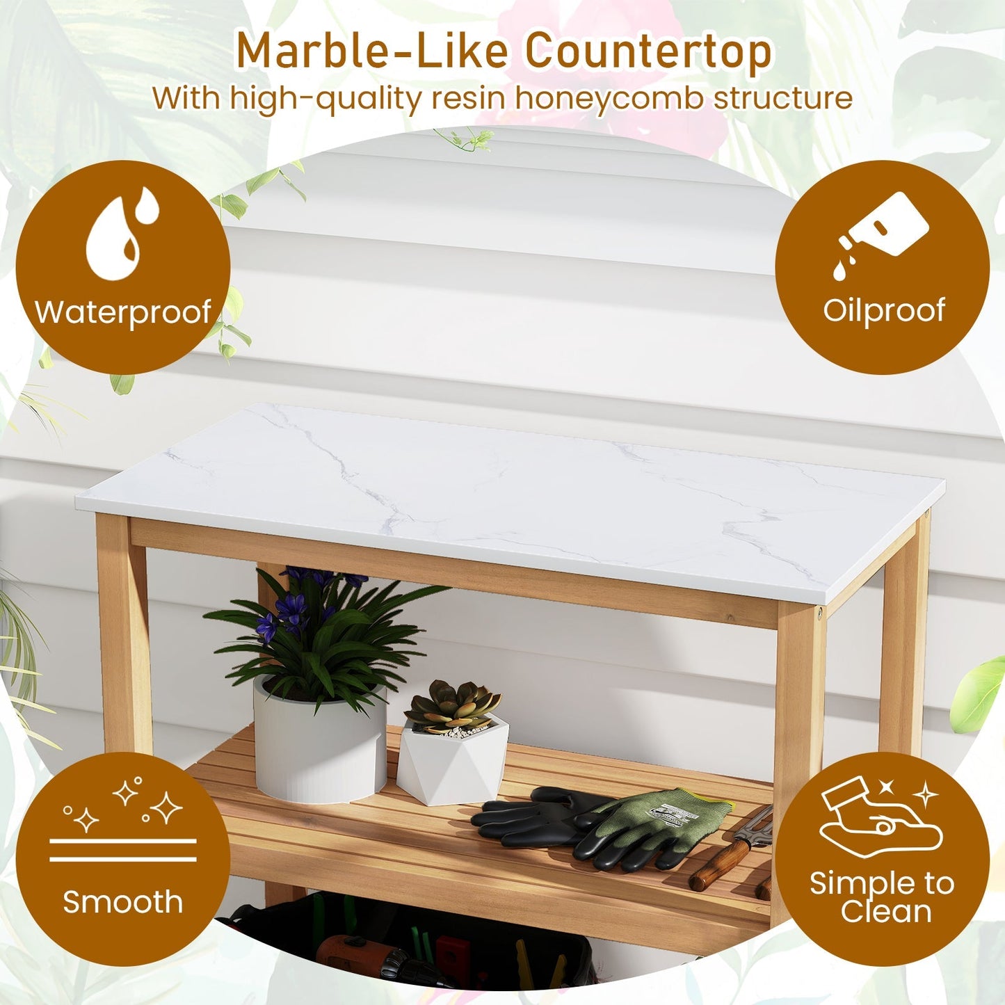3-Tier Garden Potting Bench Table with Marble-Like Countertop