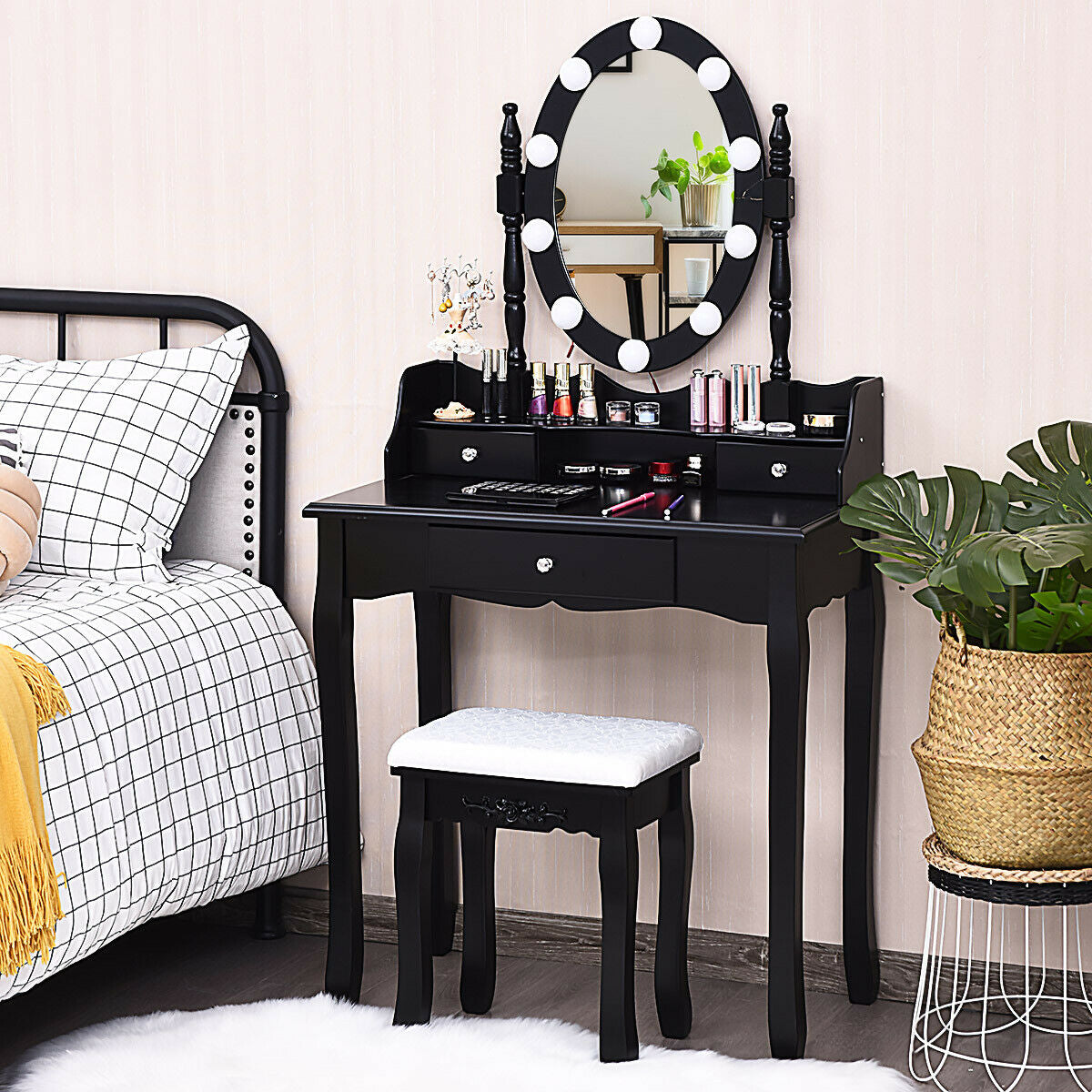 Oval Mirror Vanity Set with 10 LED Dimmable Bulbs and 3 Drawers