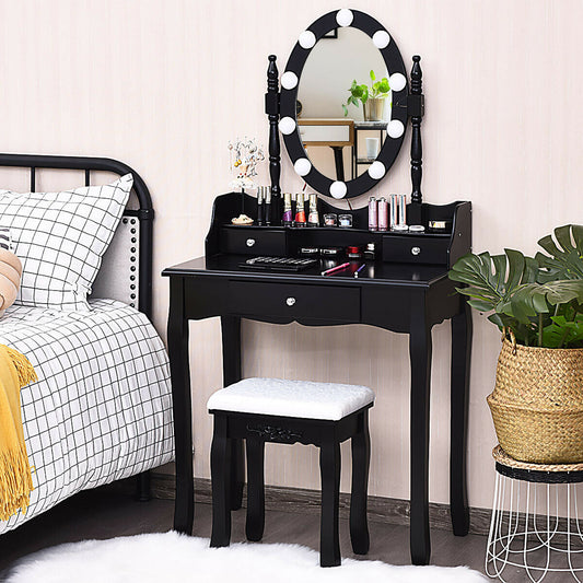 Oval Mirror Vanity Set with 10 LED Dimmable Bulbs and 3 Drawers