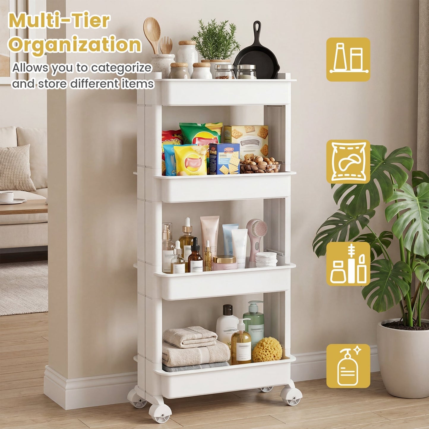 Rolling Utility Cart with Detachable Trays - 3/4 Tier
