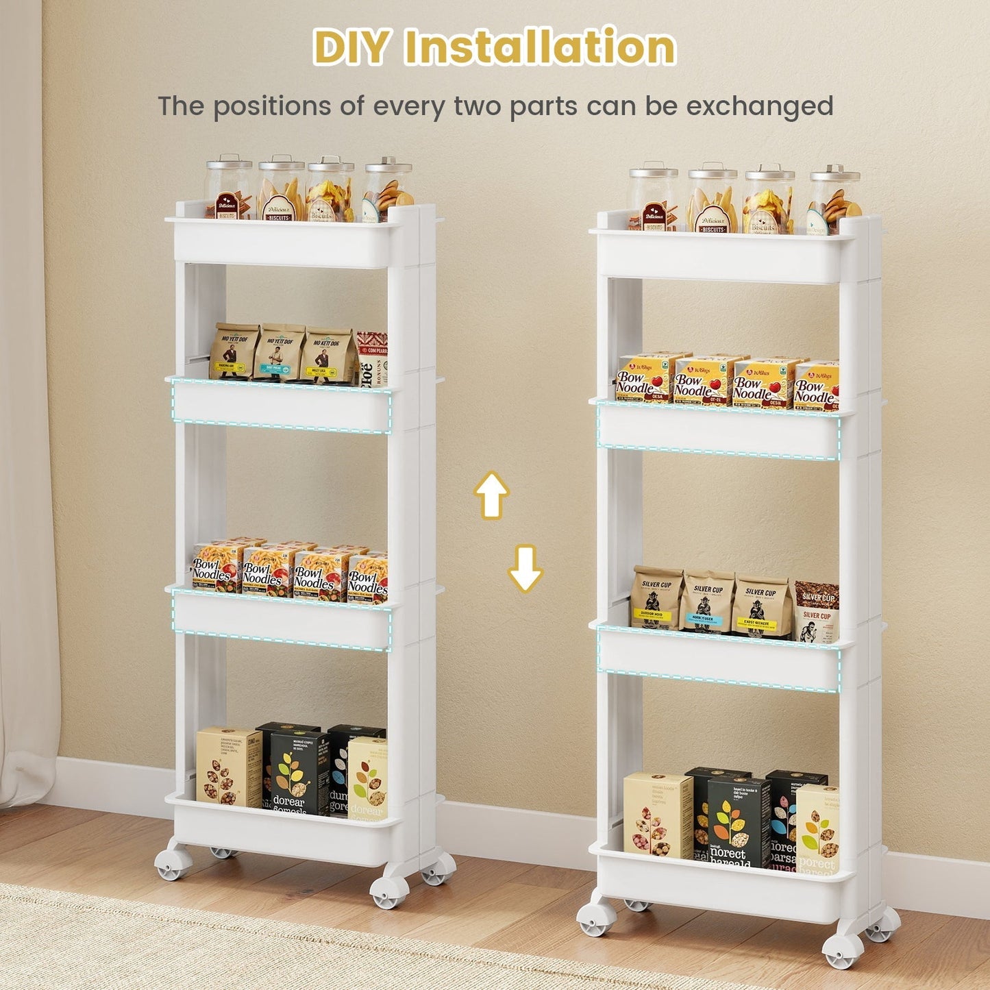 Rolling Utility Cart with Detachable Trays - 3/4 Tier