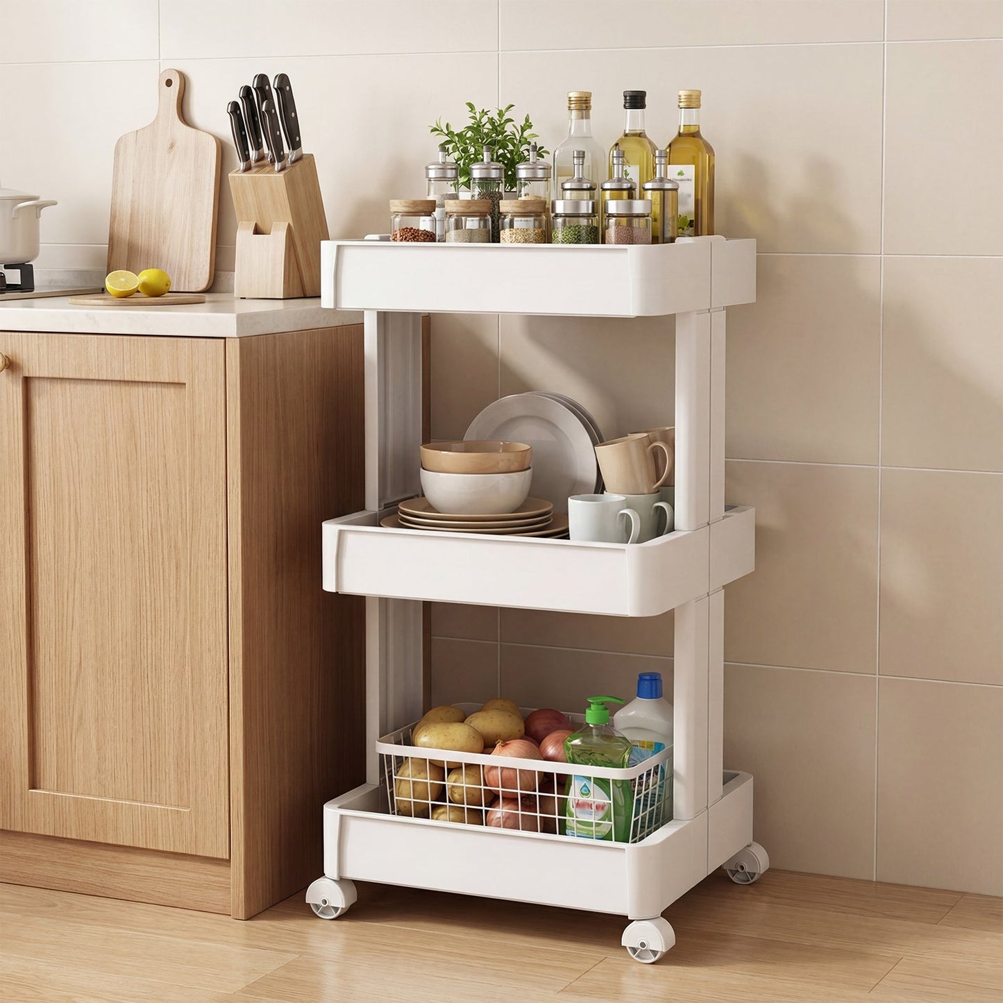 Rolling Utility Cart with Detachable Trays - 3/4 Tier