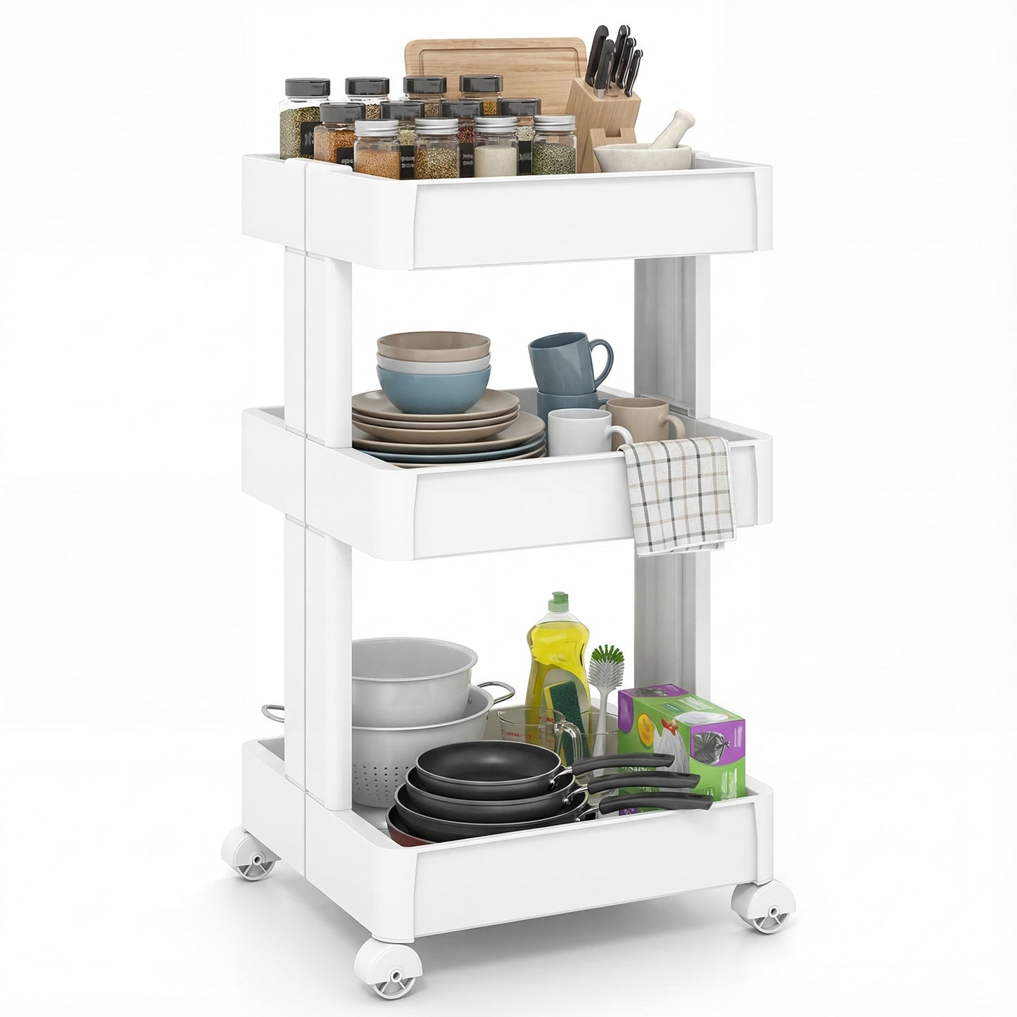 Rolling Utility Cart with Detachable Trays - 3/4 Tier
