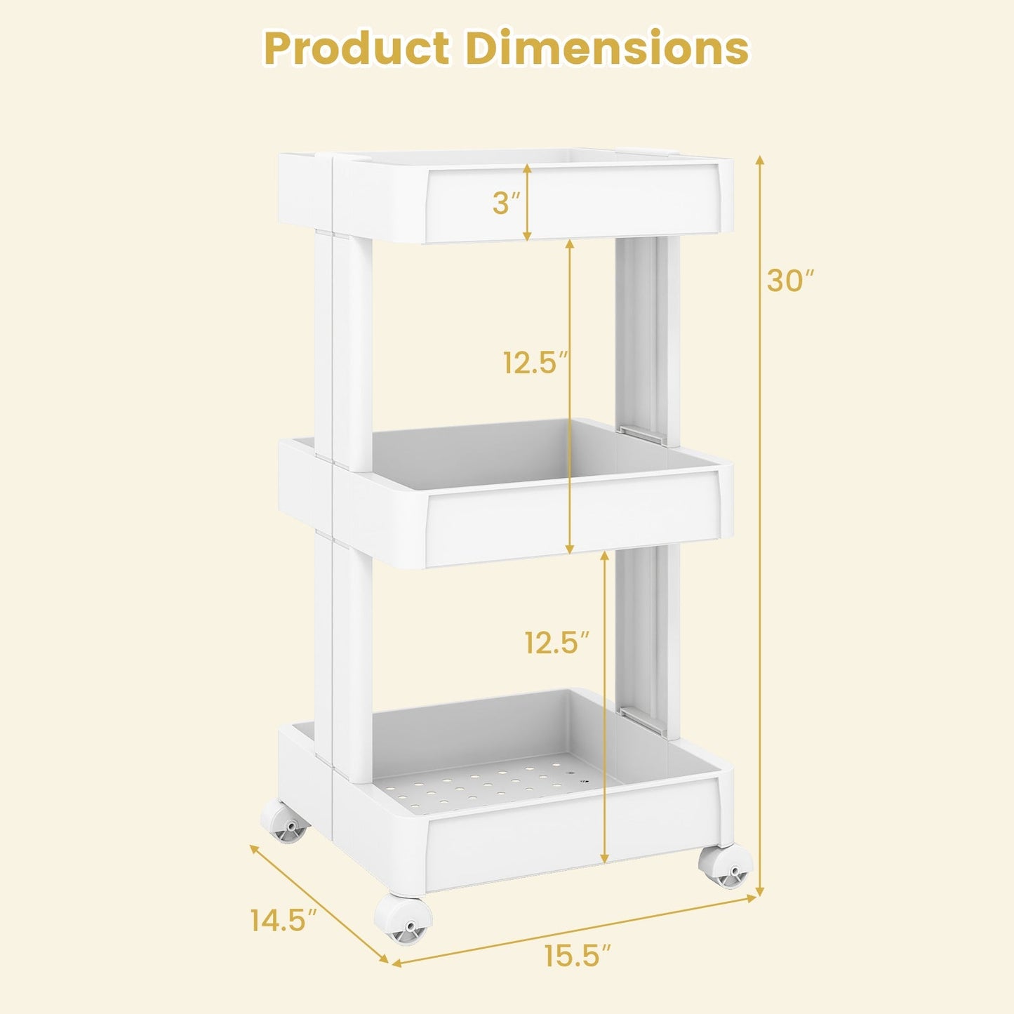 Rolling Utility Cart with Detachable Trays - 3/4 Tier