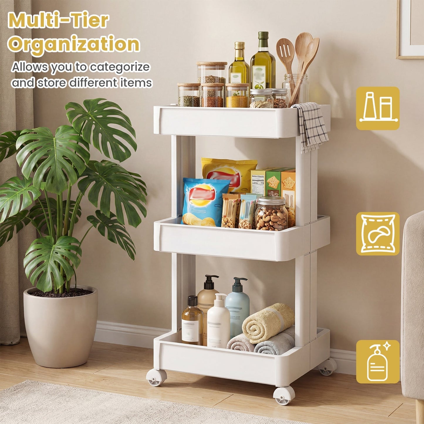 Rolling Utility Cart with Detachable Trays - 3/4 Tier