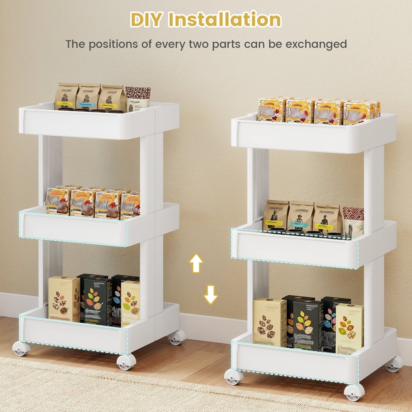 Rolling Utility Cart with Detachable Trays - 3/4 Tier