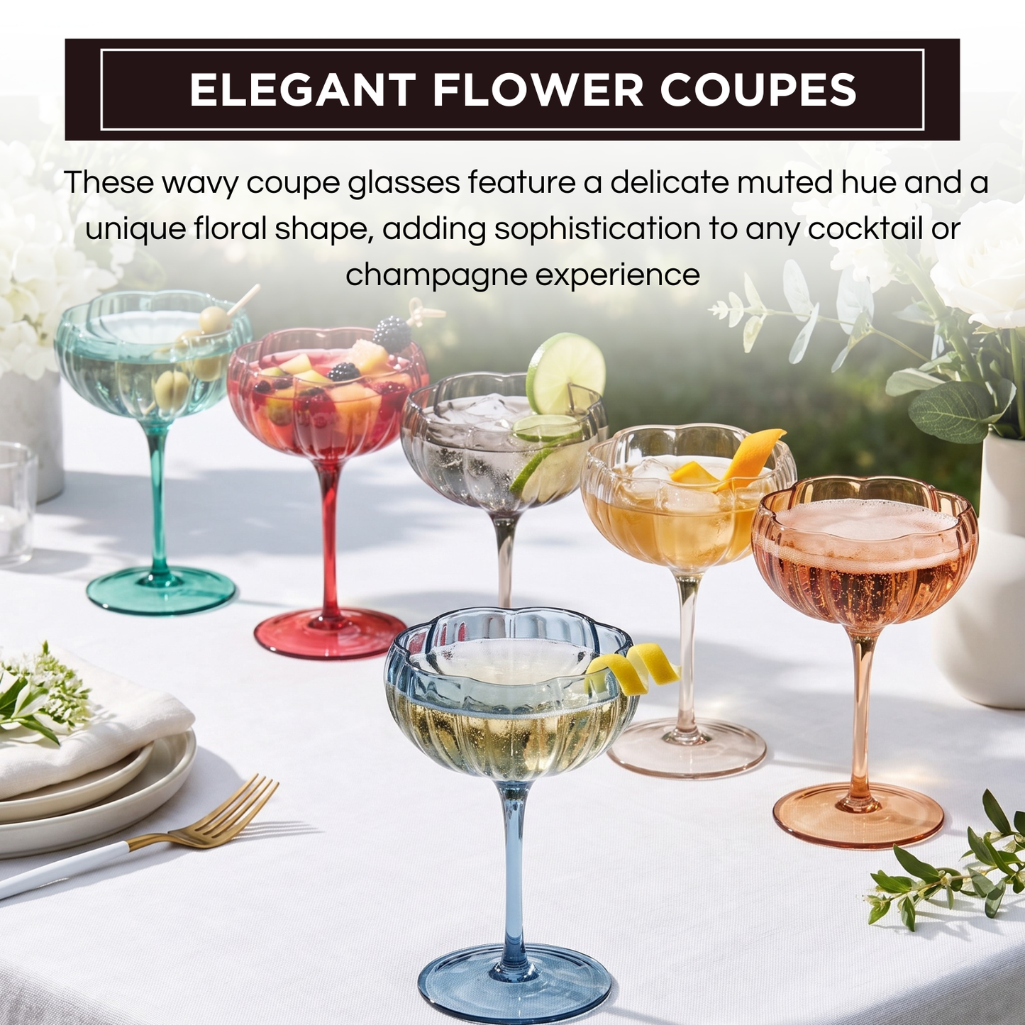 Flower Coupe Cocktail Colored Glasses | Set of 6 | Muted